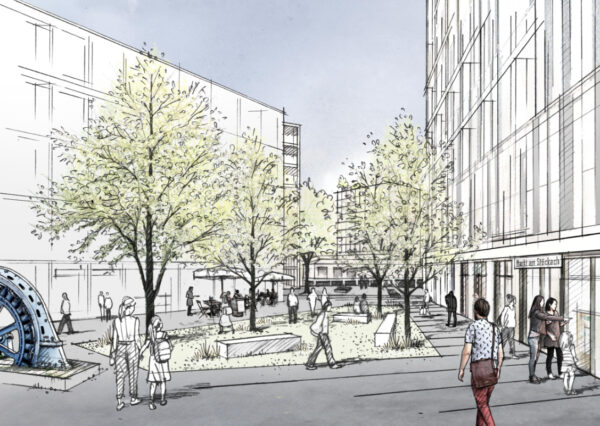 Der neue Stöckach in Stuttgart / Visualisierung für die EnBW / Entwurf von tong+ und Hannes Hörr Landschaftsarchitektur (1. Platz) / 2021