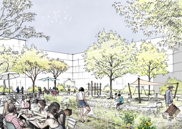 Der neue Stöckach in Stuttgart / Visualisierung für die EnBW / Entwurf von tong+ und Hannes Hörr Landschaftsarchitektur (1. Platz) / 2021