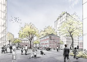 Der neue Stöckach in Stuttgart / Visualisierung für die EnBW / Entwurf von tong+ und Hannes Hörr Landschaftsarchitektur (1. Platz) / 2021