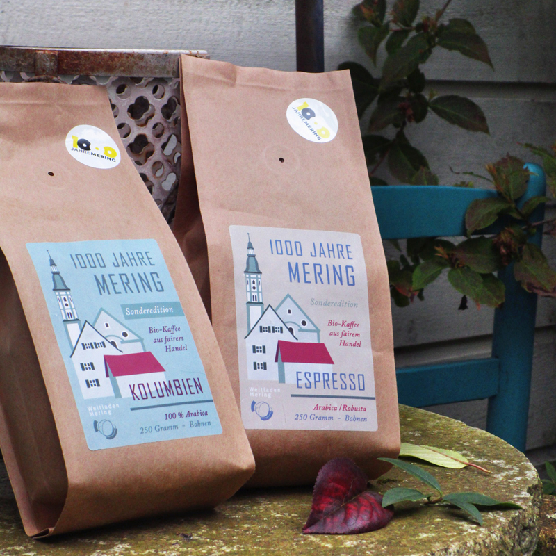 Kaffee-Etiketten "1000 Jahre Mering" / für den Weltladen Mering und die Fairtrade-Gemeinde Mering / 2022
