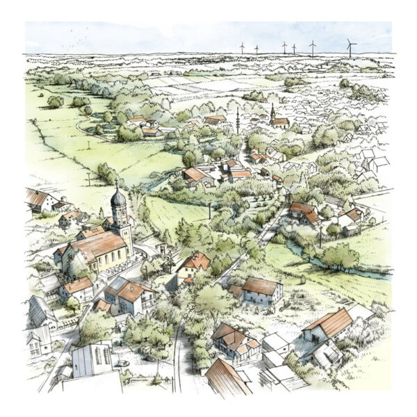 Vogelperspektive Paar-Harthausen bei Friedberg / Zeichnung für eine Willkommenstafel der Vereine am Ortseingang / 2022