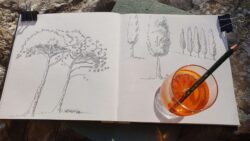 Alle benötigten Zeichenmaterialien (Bleistifte, Fineliner, Aperol Spritz etc.) sowie ein Skizzenbuch werden im Kurs gestellt. Foto & Zeichnung: Wolfgang Losert